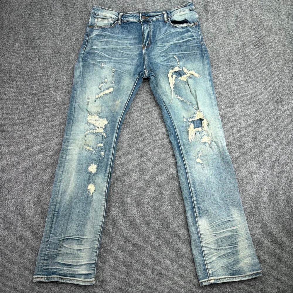 Richie Le Jeans Mens 30 (Fits 35x32) Blue Distressed Destroyed Denim